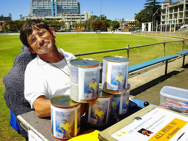 Bourke Gibbons drove his wheelchair around Manly Oval for 12 hours in 2006 to raise money for the Shepherd Centre. Picture: Simon Dean