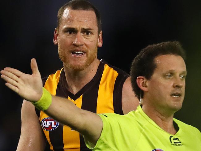 AFL Round 22. Carlton v Hawthorn at Etihad Stadium.  Hawthorn's Jarryd Roughead not happy with the umpire 3rd qtr . Pic: Michael Klein