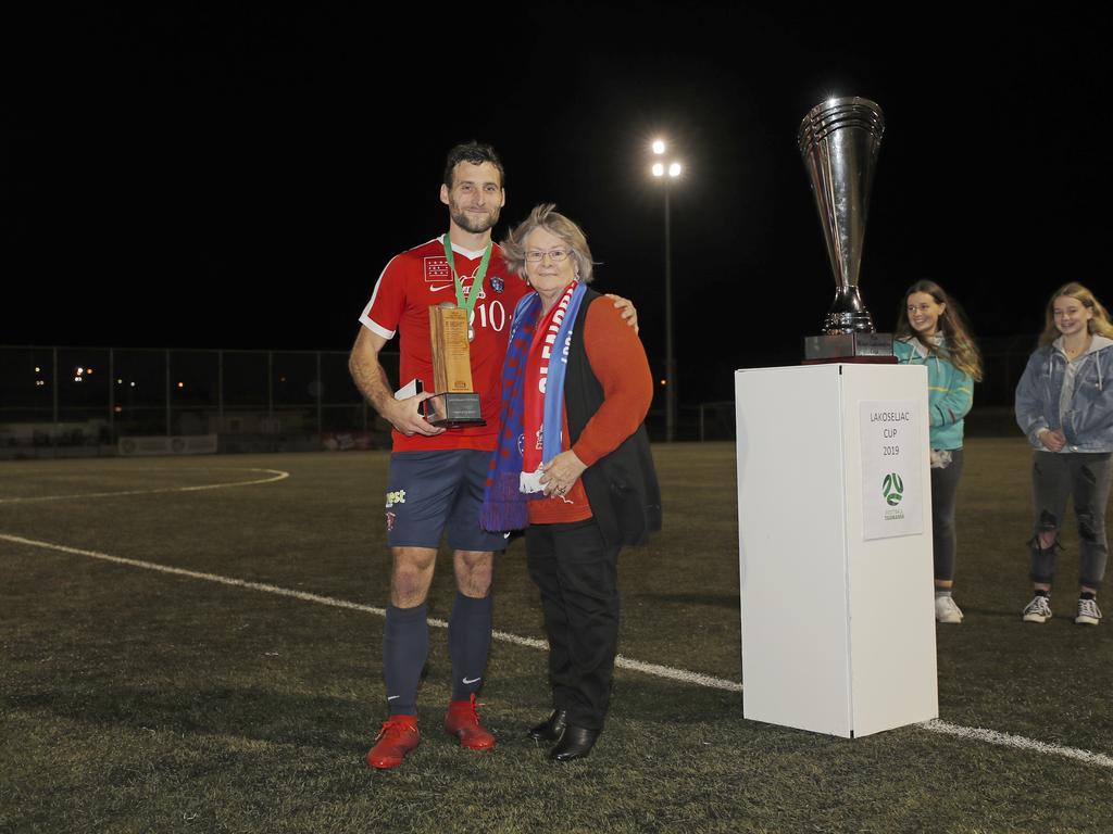 Lokoseljac Cup Final at KGV. Devonport Strikers versus South Hobart. South Hobart's Loic Feral receives the award for player of the match. Picture: PATRICK GEE