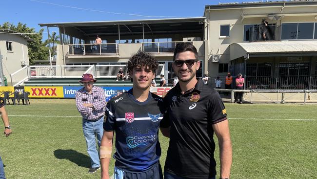 Caloundra SHS halfback and man of the match Tully McLellan with Matt Gillett.