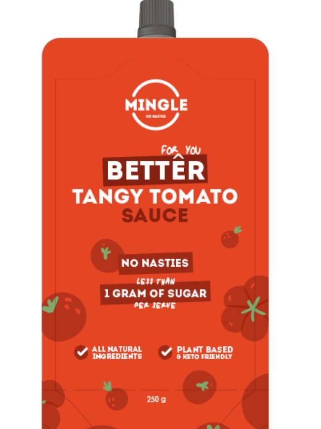 Mingle Seasoning's new tomato sauce which its founder said has 400 per cent less sugar than the big brands. Picture: Supplied