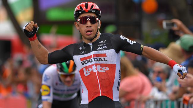 MURRAY BRIDGE, AUSTRALIA - JANUARY 24: Arrival / Caleb Ewan of Australia and Team Lotto-Soudal / Celebration / Sam Bennett of Ireland and Team Deceuninck - Quick-Step / during the 22nd Santos Tour Down Under 2020, Stage 4 a 152,8km stage from Norwood to Murray Bridge / TDU / @tourdownunder / #UCIWT / on January 24, 2020 in Murray Bridge, Australia. (Photo by Tim de Waele/Getty Images)