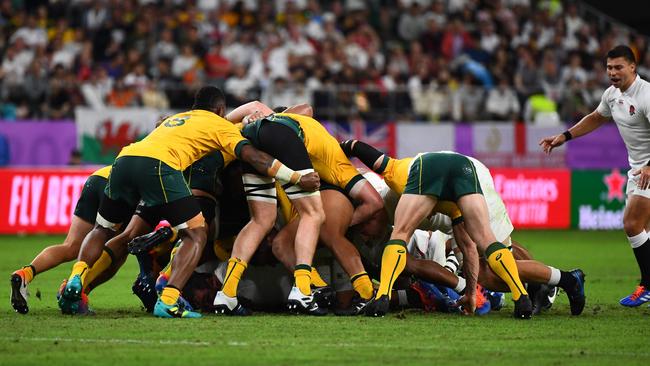 A scrum collapses during the Wallabies-England game. Picture: AFP