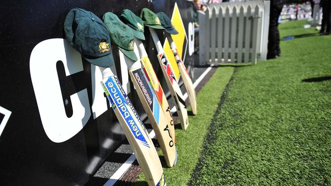 Bats lined up by the Australian team in honour of Phil Hughes on day 1 of the first Test match between Australia and India at the Adelaide Oval in December 2014 Picture: AAP