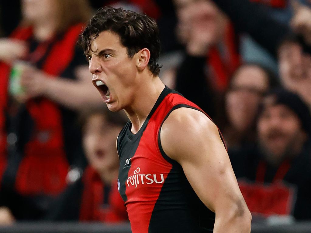 MELBOURNE, AUSTRALIA - AUGUST 10: Jye Caldwell of the Bombers celebrates a goal during the 2024 AFL Round 22 match between the Essendon Bombers and the Gold Coast SUNS at Marvel Stadium on August 10, 2024 in Melbourne, Australia. (Photo by Michael Willson/AFL Photos via Getty Images)