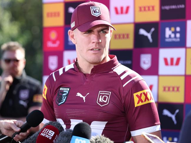 Beau Fermor talks to media at Queenslands Origin camp at Twin Waters on the Sunshine Coast on Wednesday. Picture: Lachie Millard