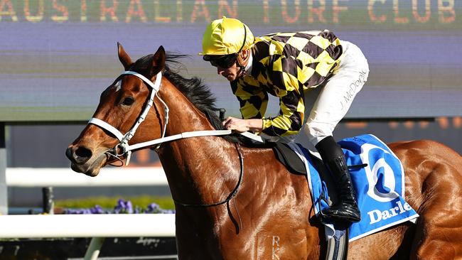 SYDNEY, AUSTRALIA - SEPTEMBER 21: James McDonald riding Autumn Glow wins Race 7 Darley Tea Rose Stakes during "Sydney Surf To Turf Day" - Sydney Racing at Royal Randwick Racecourse on September 21, 2024 in Sydney, Australia. (Photo by Jeremy Ng/Getty Images)