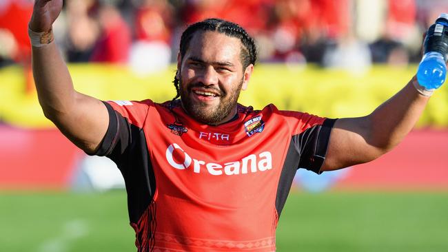 Konrad Hurrell of Tonga reacting after a win in the 2017 Rugby League World Cup.