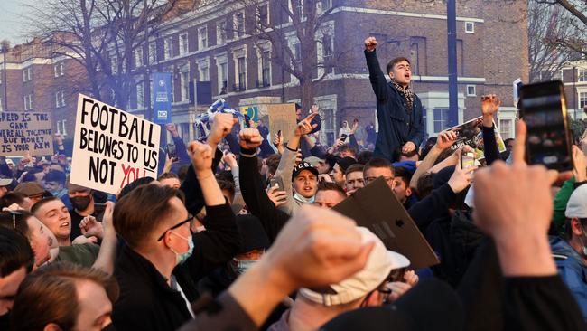 Furious Chelsea fans protest outside of Stamford Bridge. Picture: Adrian Dennis/AFP