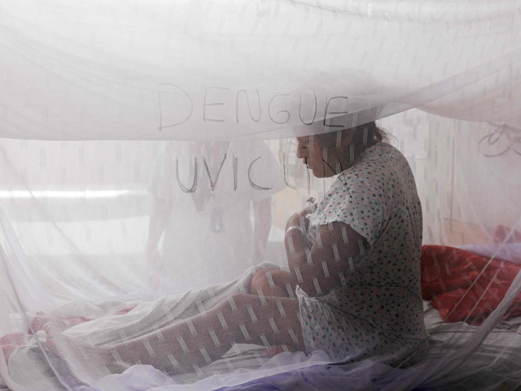 Josselyn Caqui, a pregnant dengue patient, speaks with a nurse under a mosquito net at a hospital near Lima, Peru. As of April, the country has recorded 147 dengue deaths and over 155,000 cases this year - a sharp rise from last year’s figures. Picture: Juan Carlos Cisneros/AFP