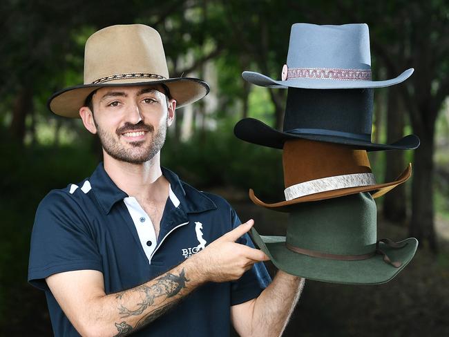 Liam Ervine with his custom made hats. Picture: Shae Beplate.