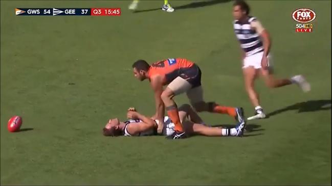 Tough tackling Shane Mumford in action