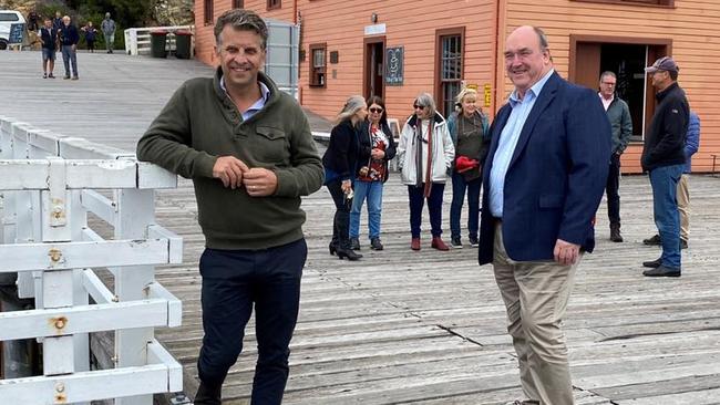 Bega Liberal MP Andrew Constance and Bega Mayor Russell Fitzpatrick on the iconic wharf. Picture: Facebook