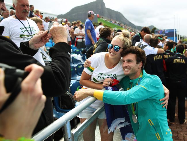 Australia's Joshua Dunkley-Smith celebrates after winning the silver medal with Joshua Booth, William Lockwood and Alexander Hill in the Men's Four final at Lagoa Stadium at the Rio 2016 Olympic Games. Picture: Brett Costello