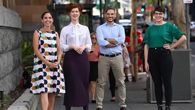 Greens candidates Kirsten Lovejoy, Katinka Winston-Allom, Michael Berkman and Amy MacMahon in Brisbane. Picture: Lyndon Mechielsen