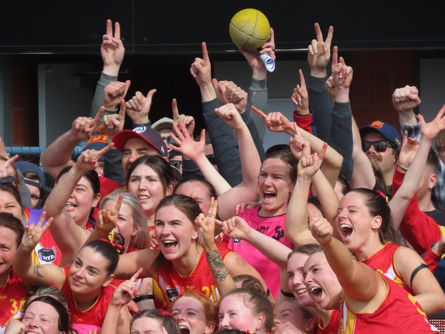 Meander Valley's players celebrate with their fans after the grand final win. Picture: Jon Tuxworth