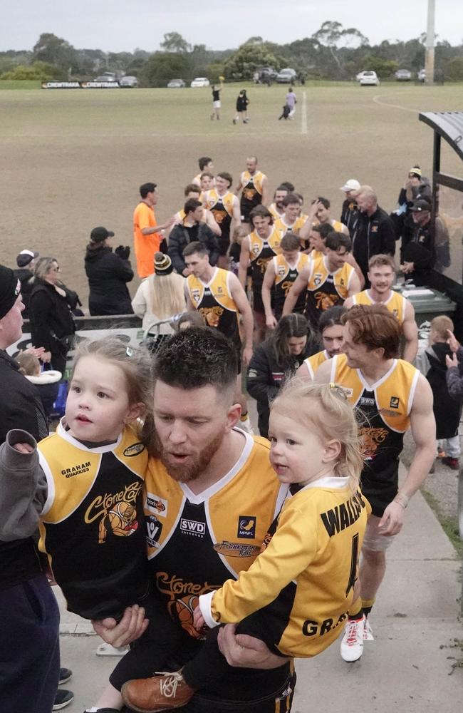 MPFNL Division 1 football qualifying final: Frankston YCW v Pines. Frankston players celebrate their victory. Picture: Valeriu Campan