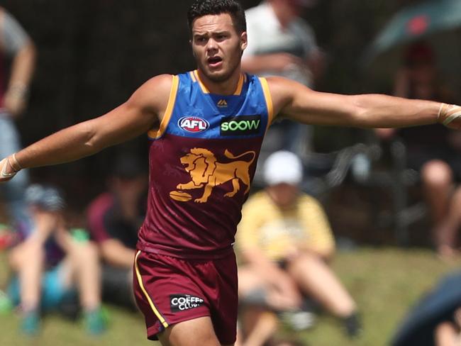 BRISBANE, AUSTRALIA - MARCH 03: Cameron Rayner of the Lions celebrates a goal during the 2019 JLT Community Series AFL match between the Brisbane Lions and the Hawthorn Hawks at Moreton Bay Sports Complex on March 03, 2019 in Brisbane, Australia. (Photo by Chris Hyde/Getty Images)