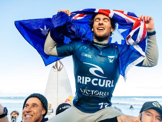 BELLS BEACH, VICTORIA, AUSTRALIA - APRIL 27: Jack Robinson of Australia after winning the Final at the Rip Curl Pro Bells Beach on April 27, 2025 at Bells Beach, Victoria, Australia. (Photo by Cait Miers/World Surf League)