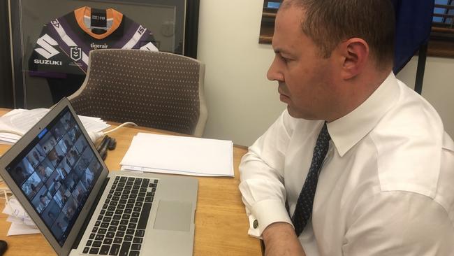 Treasurer Josh Frydenberg in Canberra on April 22 has a video chat with Australian business leaders about reform. Picture - Supplied