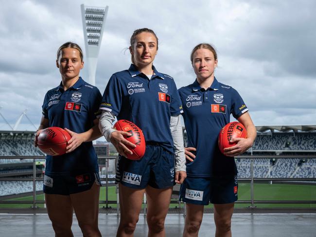 29-08-2024 Geelong Cats AFLW players Kate Surman, Amy McDonald and Mikayla Bowen all reach their 50 game milestone on Saturday's season opener. Picture: Brad Fleet