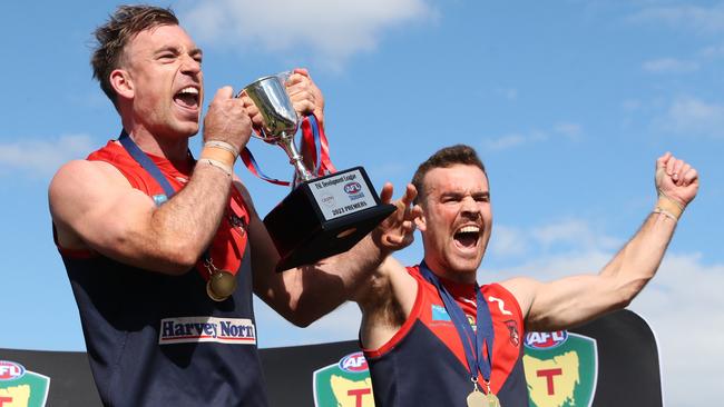 Playing coach Brad Tilbury and Hugh Williams celebrate. North Hobart TSL Development League winners 2023. Picture: Nikki Davis-Jones