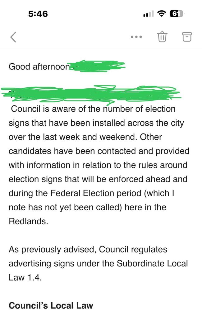 An excerpt from one of the letters from Redland City Council.