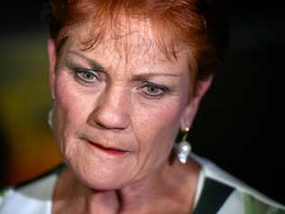 One Nation leader Senator Pauline Hanson speaks to the media as she leaves the campaign party house in Buderim. Picture: MICK TSIKAS