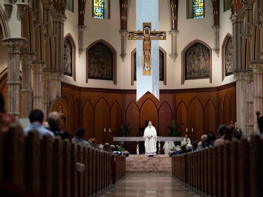 Bishop Lawrence Sullivan, Vicar General of the Archdiocese of Chicago, holds a mass at Holy Name Cathedral held to celebrate Cardinal Robert Prevost. Picture: Getty