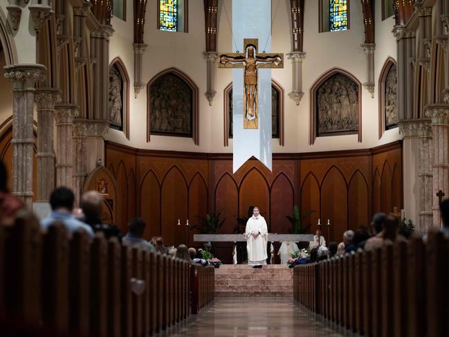 Bishop Lawrence Sullivan, Vicar General of the Archdiocese of Chicago, holds a mass at Holy Name Cathedral held to celebrate Cardinal Robert Prevost. Picture: Getty