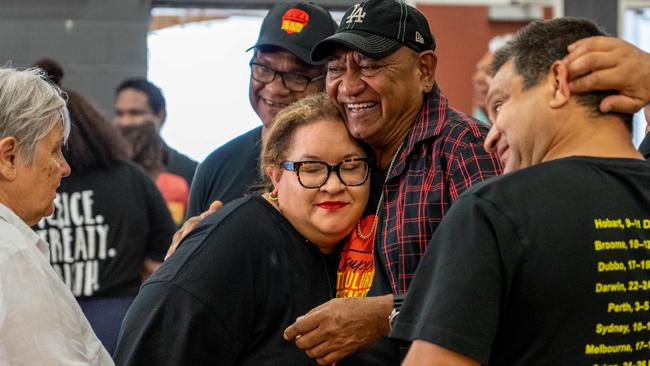 Megan Davis is embraced by Nolan Hunter during the Uluru Statement from the Heart forum in Cairns. Picture: Bang Media