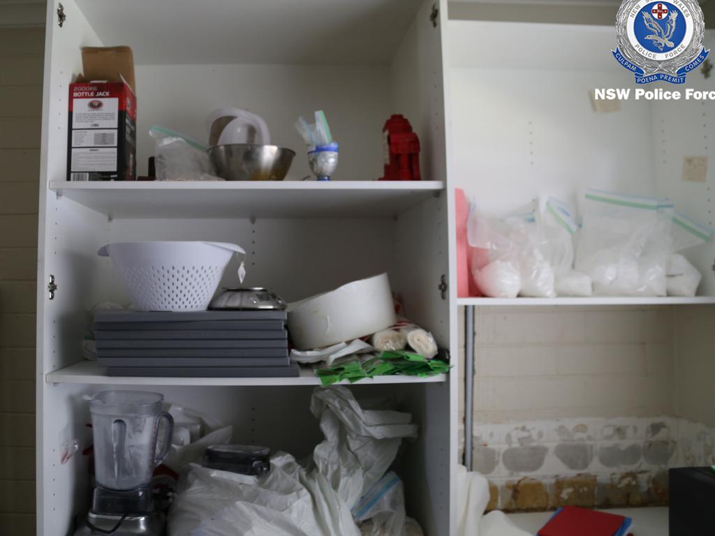 White powder in bags was stuffed onto shelves in the kitchen. Picture: NSW Police Force