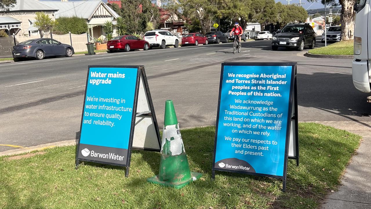Land acknowledgment sign spotted adjacent to a Barwon Water mains upgrade site. Picture: Supplied.