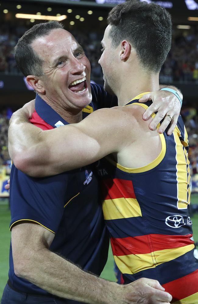 Don Pyke embraces Luke Brown after the win. Picture: SARAH REED