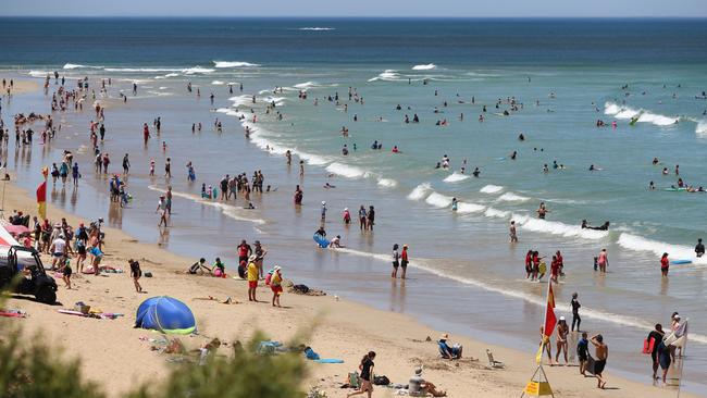 Swimmers outside of the flags at Anglesea. Picture: Alex Coppel