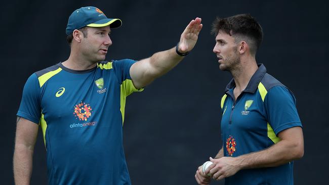 Mitchell Marsh takes advice from Aussie bowling coach Adam Griffiths.