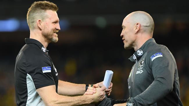 Nathan Buckley and Brenton Sanderson. Picture: Getty Images