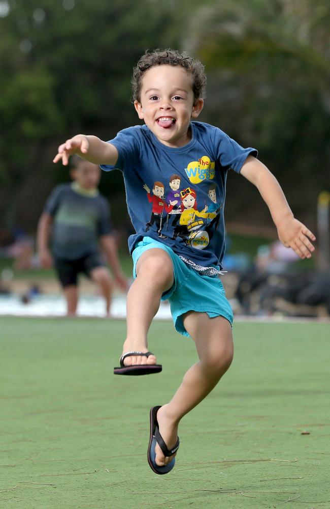 Four-year-old Cooper Laws can operate in a pair of thongs perfectly. It turns out thongs help to build muscle strength in kids’ feet. Picture: Steve Pohlner