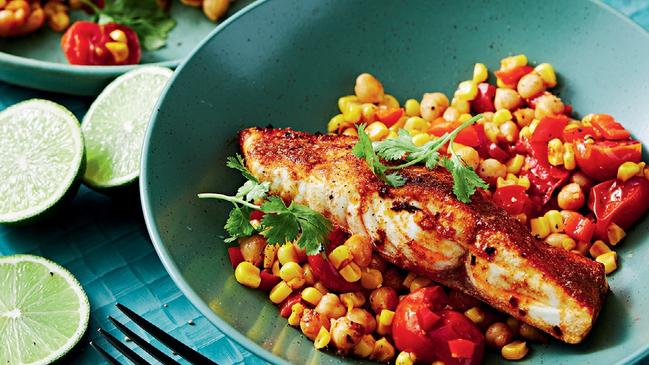 Supporting role: spiced fish with corn and chickpeas. Picture: Guy Bailey