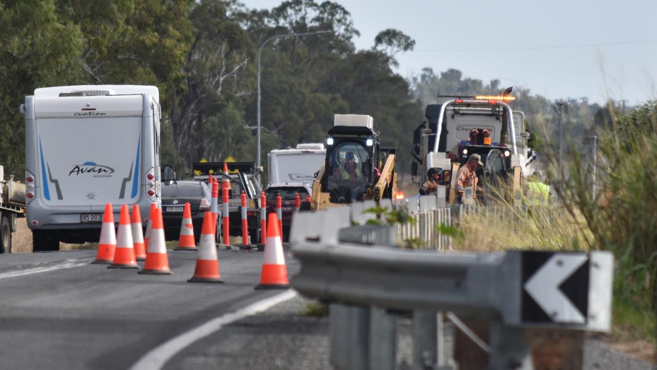 The Bruce Highway reopened to a single lane of traffic on Thursday morning as work continued to clear and repair the road where the crash happened near Bajool. Photos: Geordi Offord