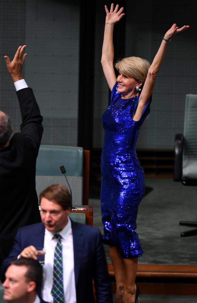 Former foreign minister Julie Bishop reacts ahead of Treasurer Josh Frydenberg handing down his first Federal Budget in the House of Representatives at Parliament House in Canberra, Tuesday, 2 April 2019. (AAP Image/Lukas Coch) NO ARCHIVING