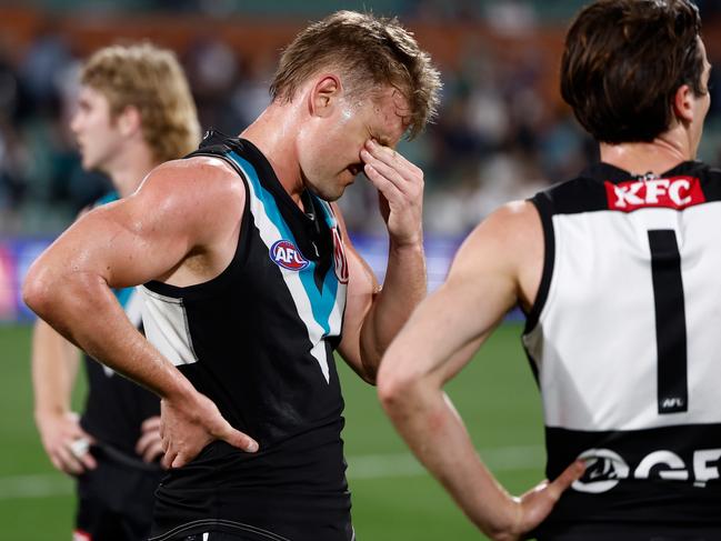 ADELAIDE, AUSTRALIA - SEPTEMBER 05: Ollie Wines of the Power looks dejected after a loss during the 2024 AFL Second Qualifying Final match between the Port Adelaide Power and the Geelong Cats at Adelaide Oval on September 05, 2024 in Adelaide, Australia. (Photo by Michael Willson/AFL Photos via Getty Images)