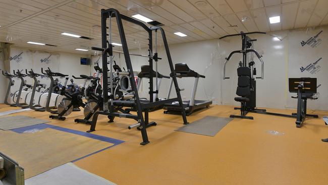 The gym has six exercise bikes, two rowing machines, two treadmills, two cross-trainers, one weight frame, two bench presses and non-rolling weights, and floorspace with mats for pilates or yoga. Picture: Damen/Australian Antarctic Division