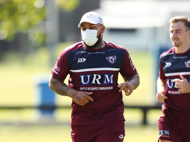 Manly's Addin Fonua-Blake wears a face mask during a Manly NRL media opportunity at the Sydney Academy of Sport, Narrabeen. Picture: Brett Costello