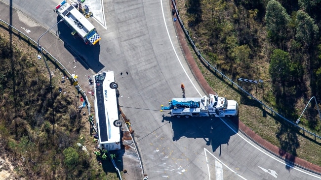 HUNTER VALLEY, AUSTRALIA - NCA NewsWire Photos - 12 JUNE, 2023: Aerial scene coverage from the site where ten people have died, and 11 people were hospitalised after a bus carrying wedding guests crashed in the Hunter Valley., Picture: NCA NewsWire / Christian Gilles