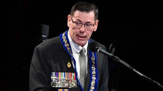 Townsville Mayor Troy Thompson delivering his address at the 2024 Anzac Day Dawn Service at Anzac Park, The Strand. Picture: Evan Morgan