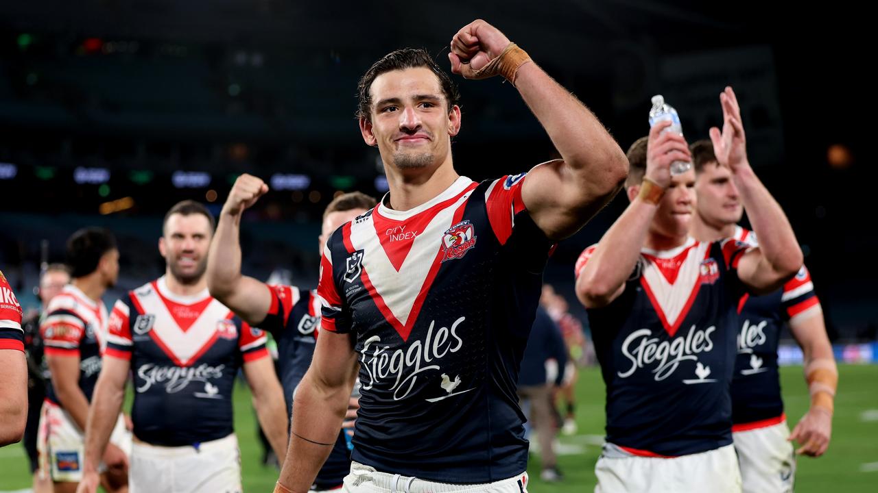 SYDNEY, AUSTRALIA - SEPTEMBER 01: Billy Smith of the Roosters celebrates victory after the round 27 NRL match between South Sydney Rabbitohs and Sydney Roosters at Accor Stadium on September 01, 2023 in Sydney, Australia. (Photo by Matt King/Getty Images)