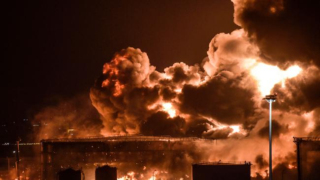 Smoke and flames rise from a Saudi Aramco oil facility in Saudi Arabia's Red Sea coastal city of Jeddah, on March 25, 2022, following a reported Yemeni rebels attack