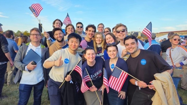 Oscar Green and Darcy Creighton (in the centre at the back of the group) at a Kamala Harris rally in Washington DC. Picture: Supplied