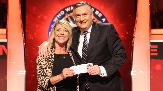 Maria won $100,000 on Millionaire Hot Seat, with Eddie McGuire. Picture: Supplied